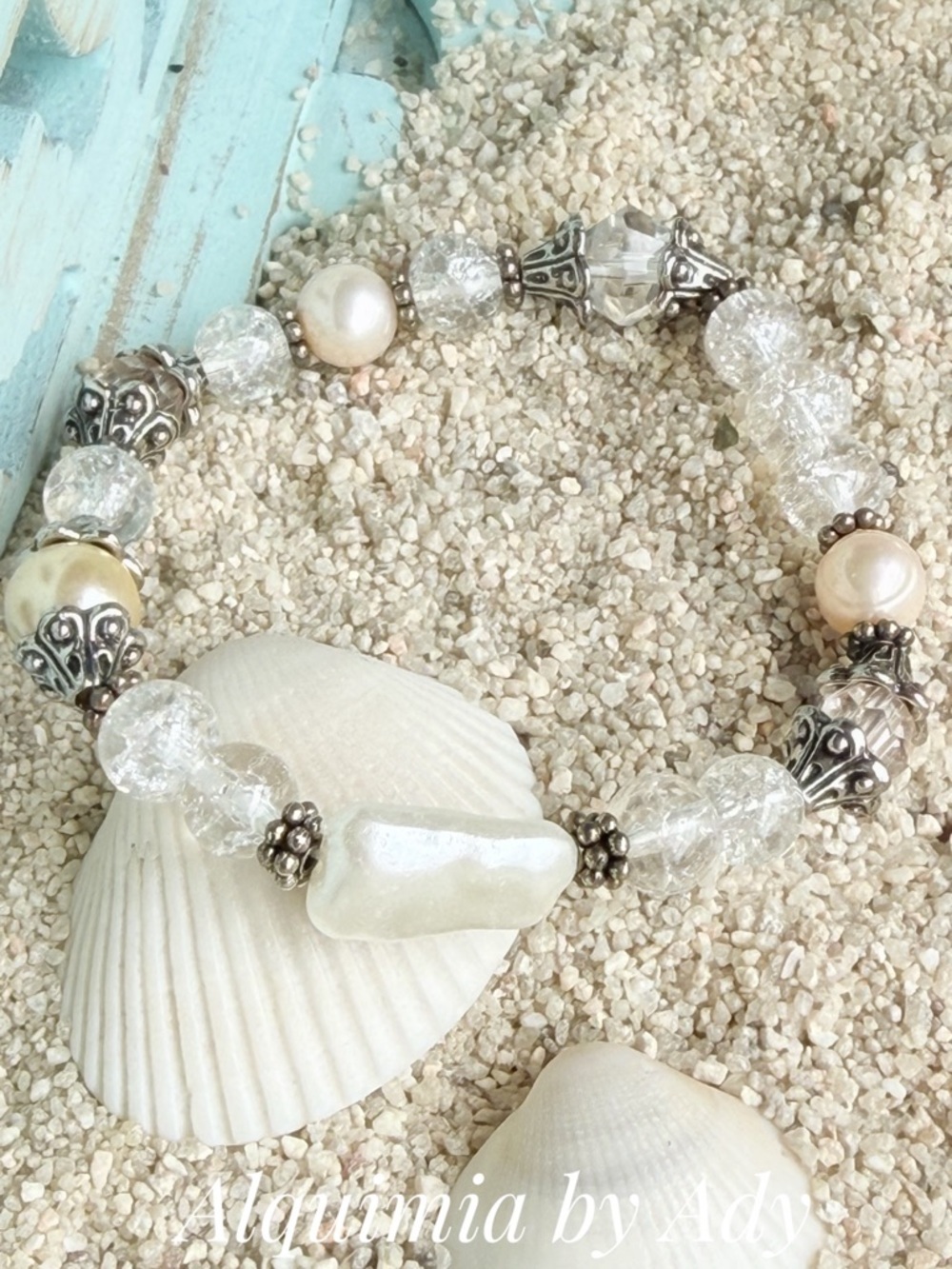 White baroque Pearl & Crackle Quartz Stretch Bracelet with Silver Accents